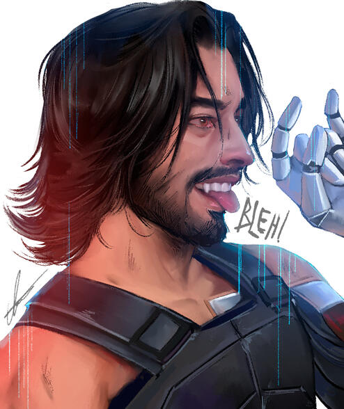 johnny silverhand sticking his tongue out with little fangs