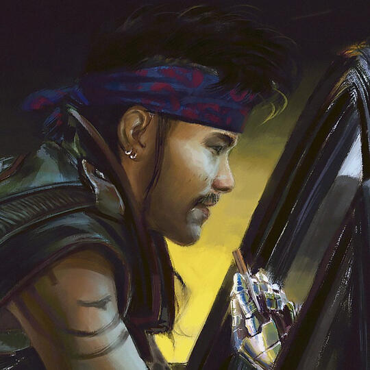 kerry eurodyne leaning against johnny silverhands porsche, johnny is offering him a cigarette